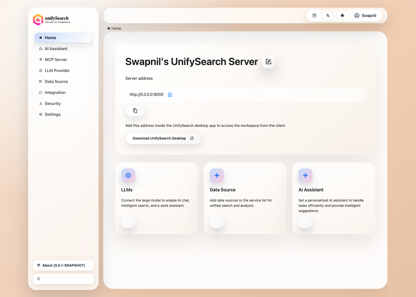 UnifySearch Server Home